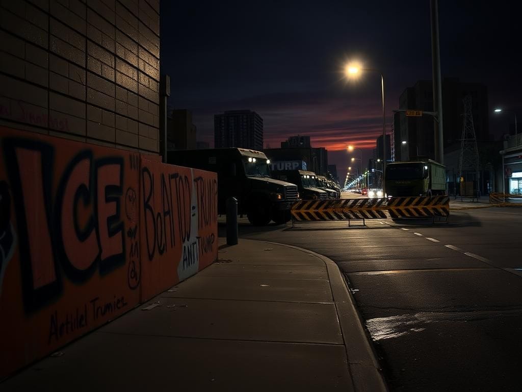 Flick International Nighttime cityscape of downtown Los Angeles showcasing anti-ICE graffiti and military vehicles