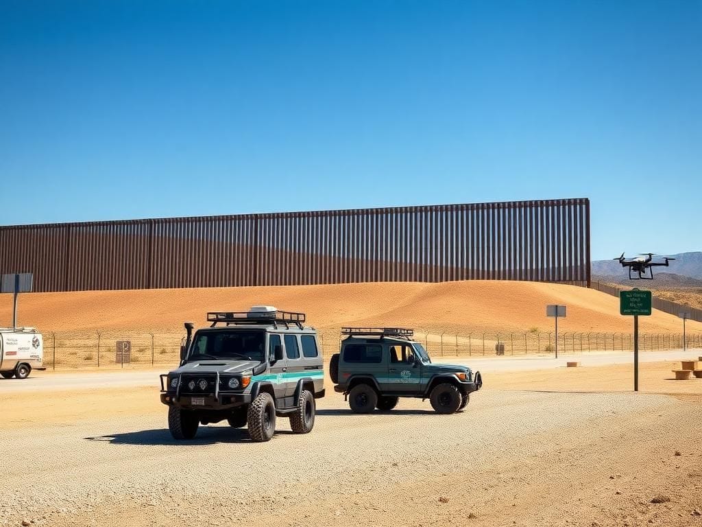 Flick International Secure U.S.-Mexico border wall with patrol vehicles under a clear blue sky