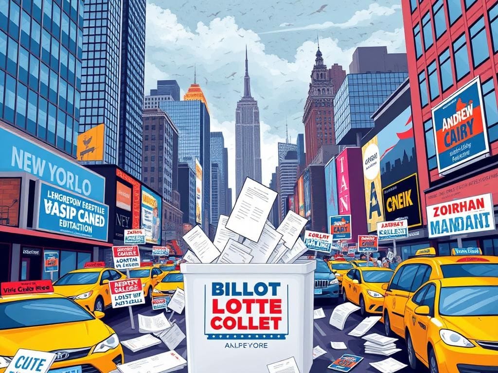 Flick International A bustling New York City scene featuring a ballot box filled with votes and campaign posters ahead of the mayoral primary election