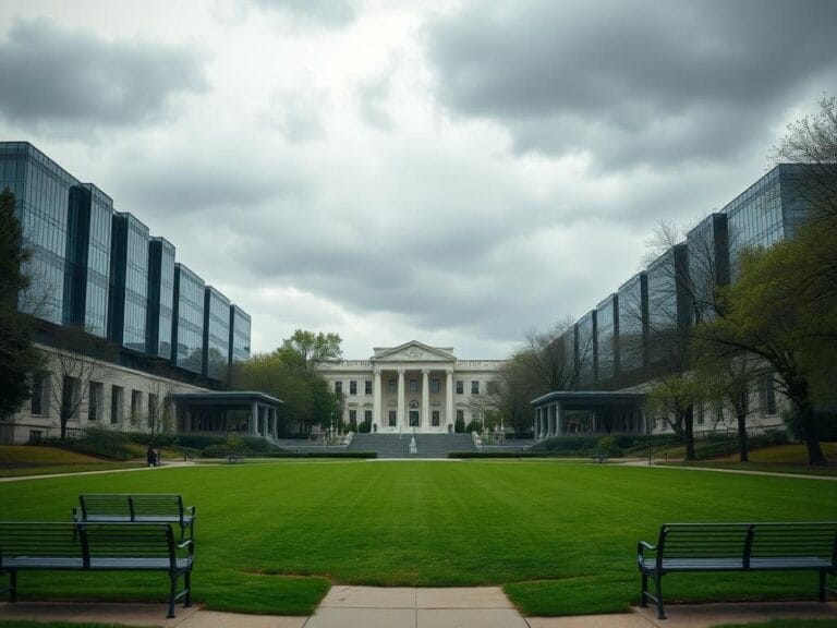Flick International A grand modern university campus with reflective glass buildings under an overcast sky symbolizing societal challenges