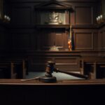 Flick International Dimly lit courtroom interior showcasing an empty jury box and a judge's bench with a wooden gavel