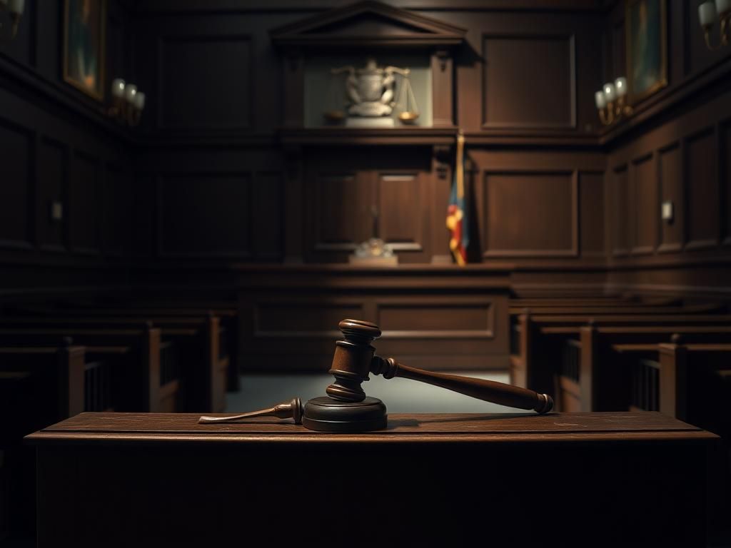Flick International Dimly lit courtroom interior showcasing an empty jury box and a judge's bench with a wooden gavel