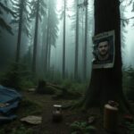 Flick International Dense Washington wilderness forest with evidence of human activity and a police flyer attached to a tree.