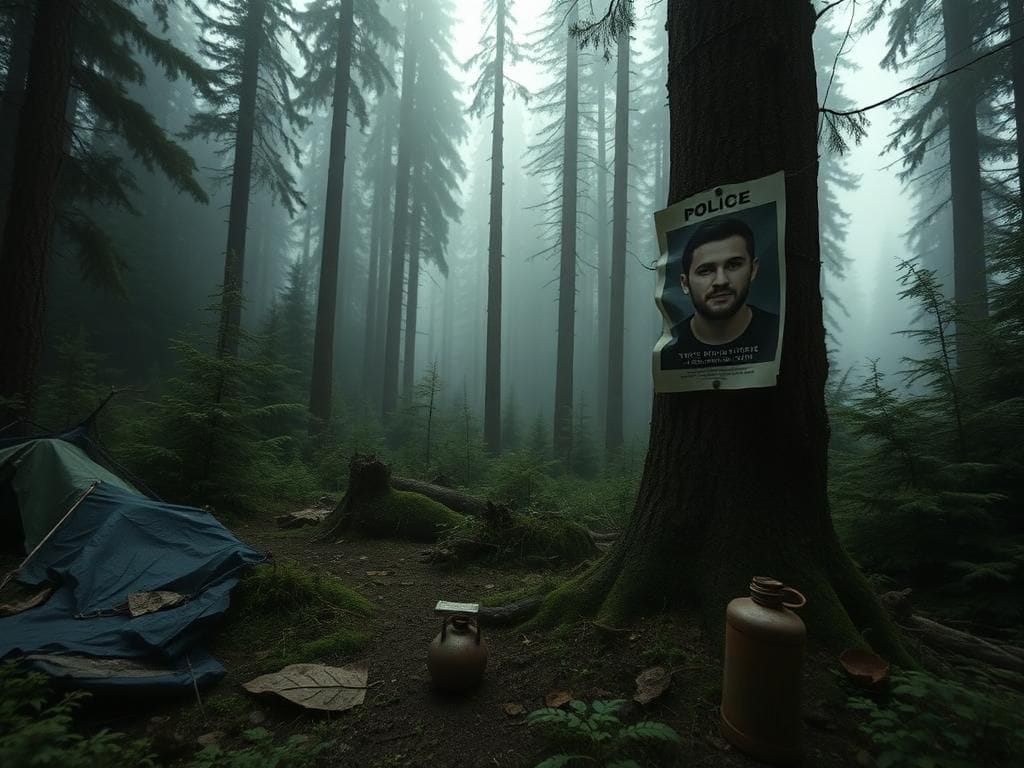 Flick International Dense Washington wilderness forest with evidence of human activity and a police flyer attached to a tree.