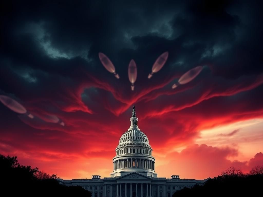 Flick International Conceptual image of the United States Capitol against a dramatic sky symbolizing political tension.