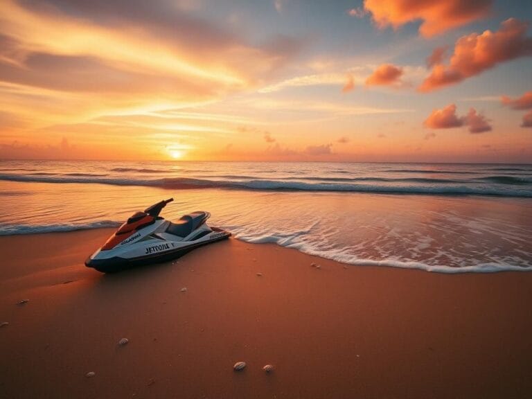 Flick International Two abandoned jet skis washed ashore on Lido Key beach at sunset, symbolizing a recent jet ski accident.