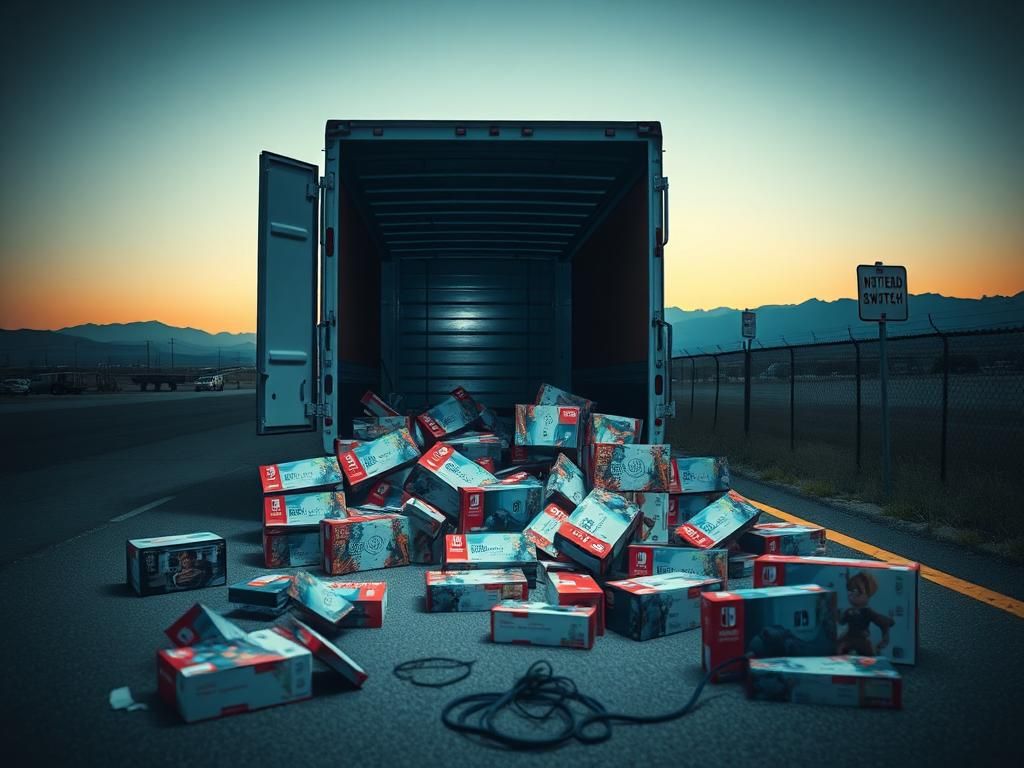 Flick International Empty semi-truck trailer at dawn showcasing stolen Nintendo Switch 2 consoles