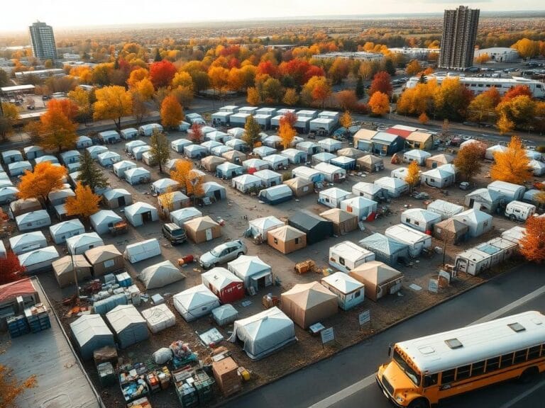 Flick International Overhead view of a complex emergency shelter setup with diverse temporary housing structures in an urban landscape