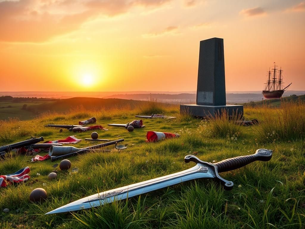 Flick International Historical battlefield scene of the Battle of Bunker Hill with rolling green hills and remains of colonial artifacts.