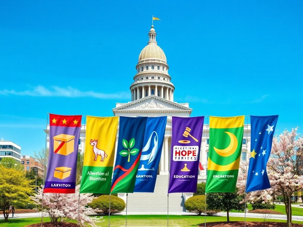 Flick International Vivid depiction of the Virginia state capitol building surrounded by colorful campaign banners