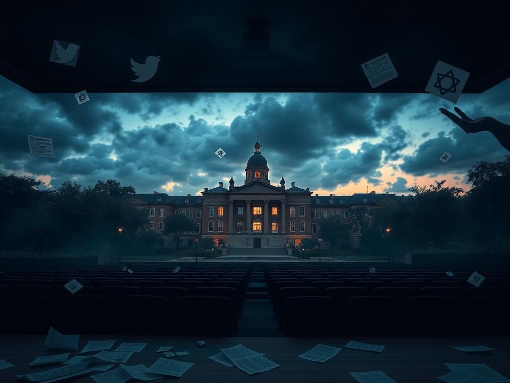 Flick International Empty university lecture hall bathed in dusk light, highlighting themes of disinformation and antisemitism.