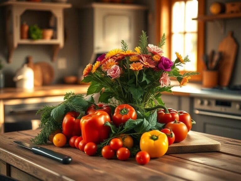 Flick International A serene kitchen setting featuring vibrant fresh ingredients and a stylish bouquet of flowers