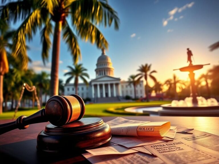 Flick International A dramatic scene of the Florida state capitol building at sunset with a gavel symbolizing lawfare and political controversy