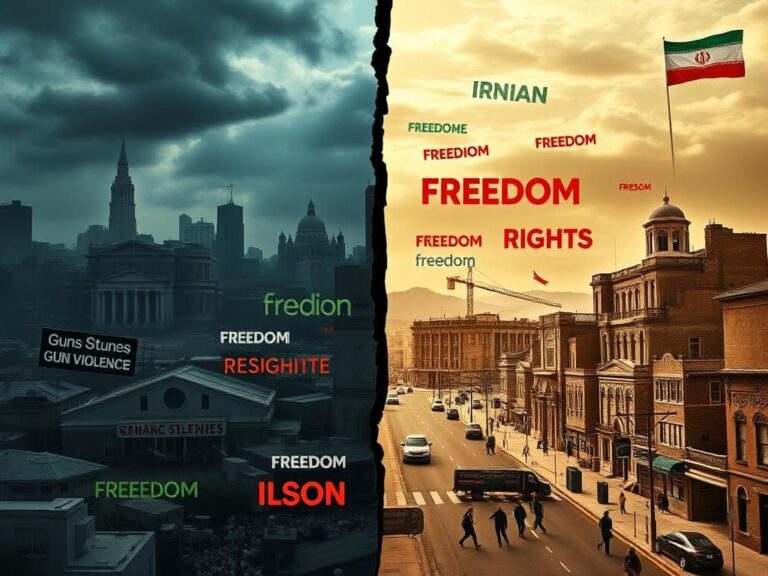 Flick International Dramatic split scene contrasting chaotic U.S. urban landscape with austere Iranian cityscape, showcasing themes of conflict and oppression.