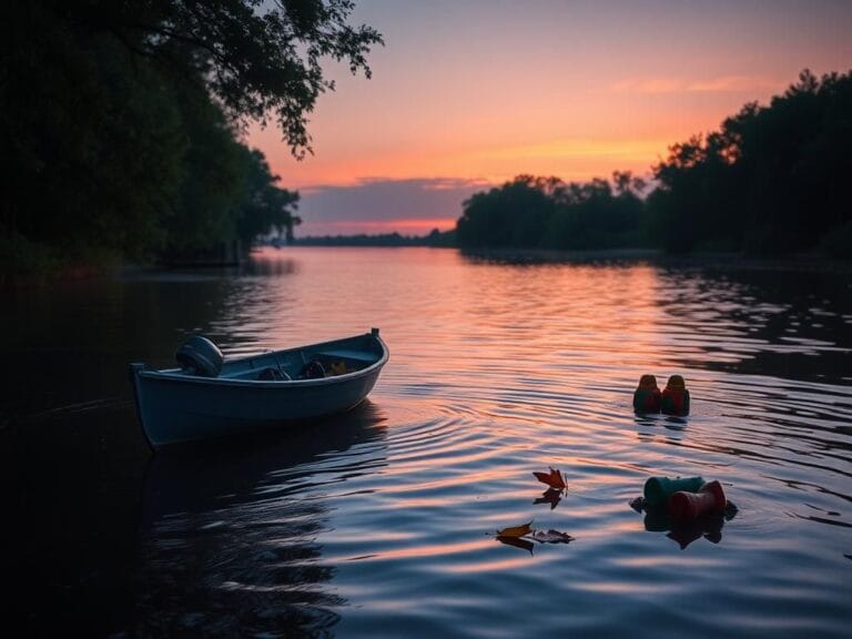 Flick International A small boat with fishing gear gently rocking in a tranquil bayou at sunset.