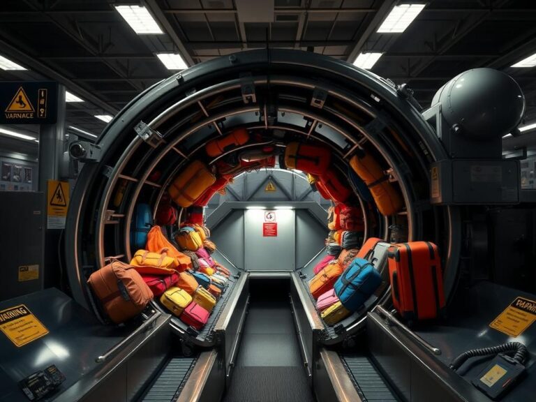 Flick International Baggage conveyor belt at Newark Airport with colorful luggage and a dark chute