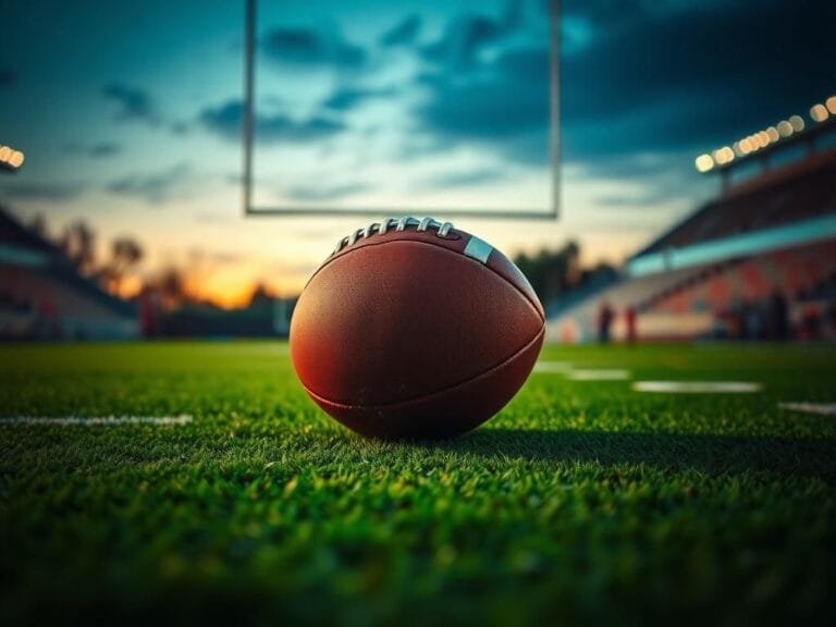 Flick International Close-up of a worn football on artificial turf near the end zone