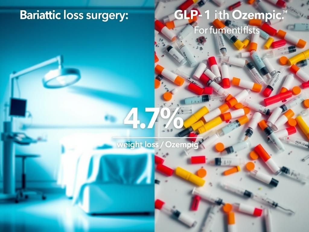 Flick International Hospital setting representing bariatric surgery on the left and a chaotic tabletop with GLP-1 medication vials on the right.