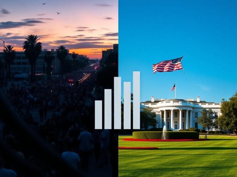 Flick International Split-scene image contrasting a chaotic Los Angeles street protest with the serene White House lawns