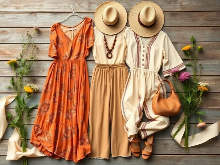 Flick International Flat lay of modern boho clothing featuring a floral maxi dress, embroidered wide-leg pants, and a peasant blouse.
