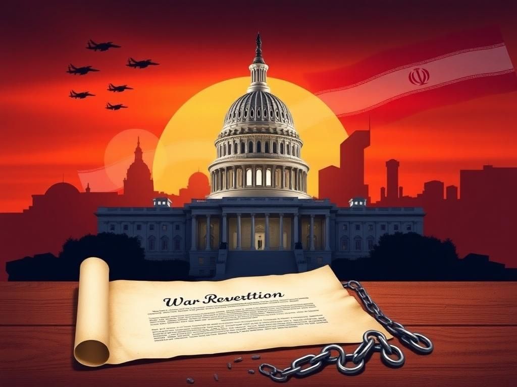 Flick International Stylized representation of the U.S. Capitol building at sunset with military aircraft silhouettes and flags of the U.S. and Iran.