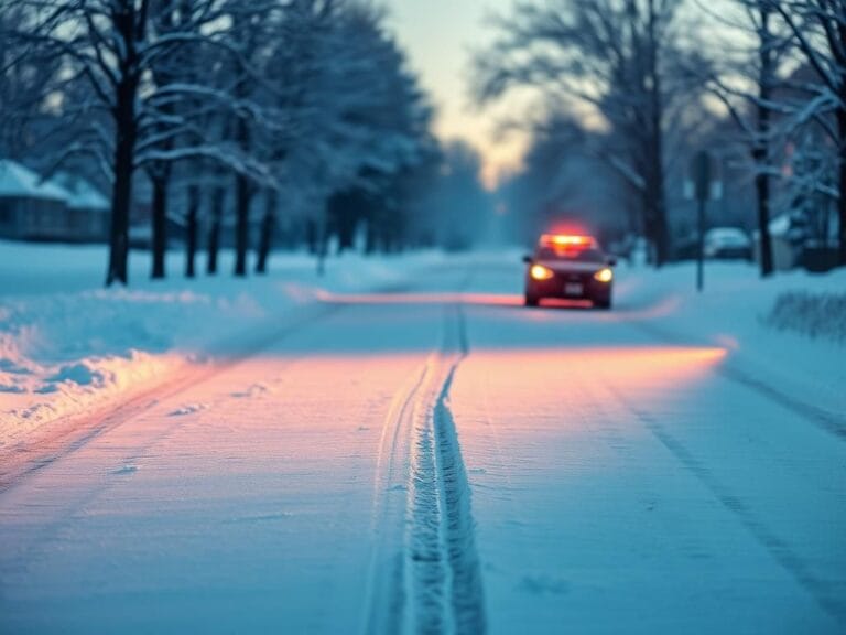 Flick International Snow-covered street in early morning light with police car and tire track