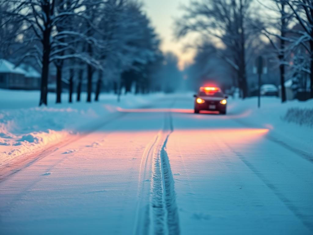 Flick International Snow-covered street in early morning light with police car and tire track