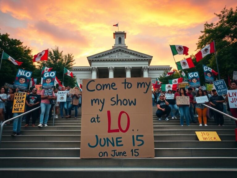 Flick International Colorful cardboard sign reading 'Come to my show @ LOL on June 15' in front of a federal courthouse during immigration protests in San Antonio, Texas.