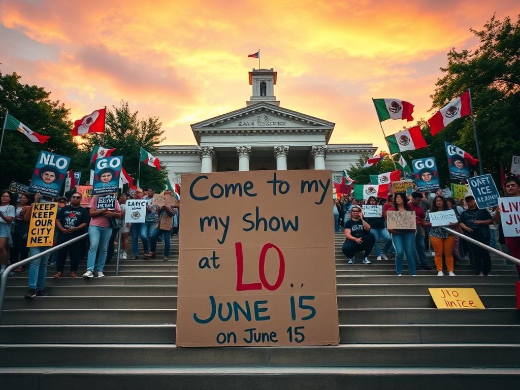 Flick International Colorful cardboard sign reading 'Come to my show @ LOL on June 15' in front of a federal courthouse during immigration protests in San Antonio, Texas.