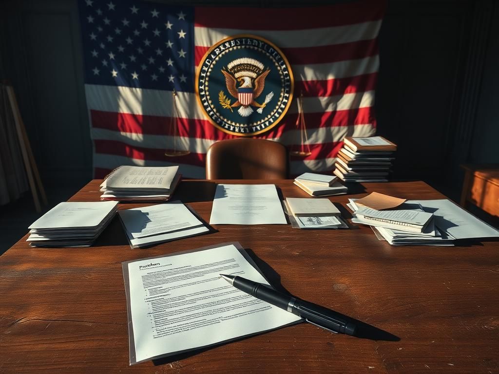 Flick International A cluttered wooden desk with legal documents and an AutoPen, symbolizing the scrutiny of pardons