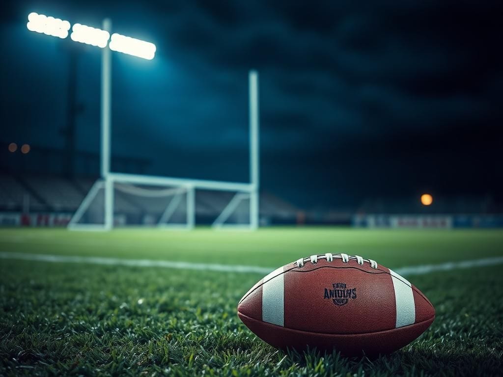 Flick International A dejected football lies on the green turf, illuminated by stadium lights