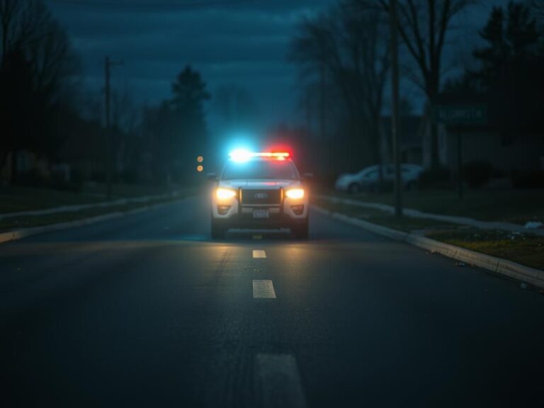 Flick International Law enforcement vehicle with ICE emblem parked on empty suburban street at dusk