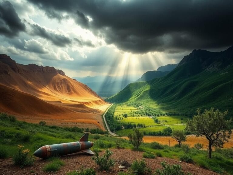 Flick International Striking landscape symbolizing the tension between Israel and Iran, depicting barren desert and lush valley separated by mountains