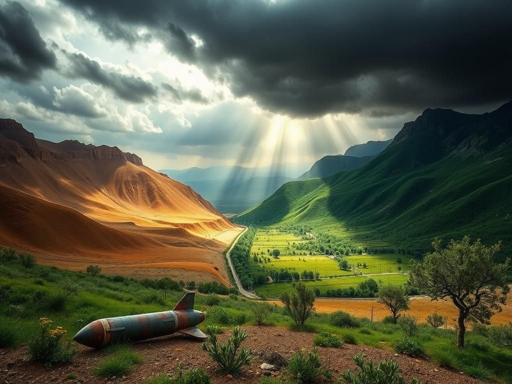 Flick International Striking landscape symbolizing the tension between Israel and Iran, depicting barren desert and lush valley separated by mountains