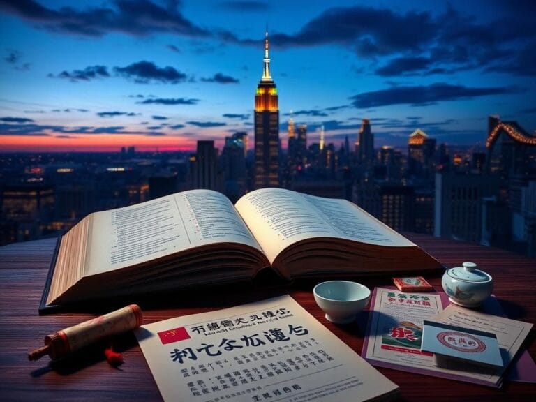 Flick International New York City skyline at dusk with illuminated landmarks and cultural artifacts representing Chinese educational ties