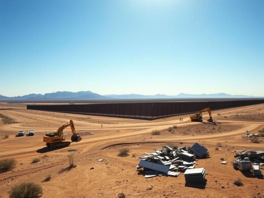 Flick International Construction of a border wall in a desert landscape with heavy machinery