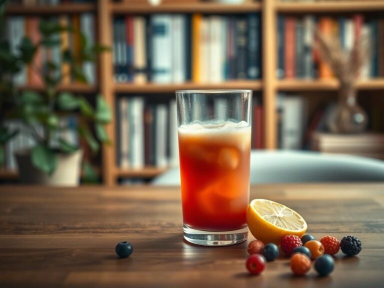 Flick International A serene scene featuring a half-filled glass of a colorful beverage on a wooden table with scattered fruits