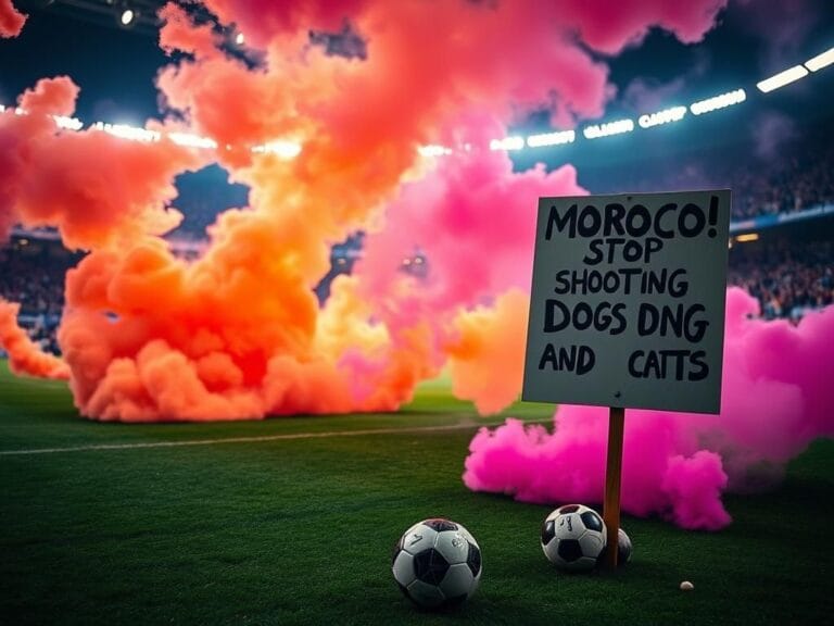 Flick International A chaotic soccer field scene during the FIFA Club World Cup game with smoke flares and protest sign