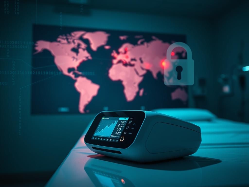 Flick International Close-up view of the CMS800 medical monitoring device on a hospital table, featuring digital displays and blinking lights.