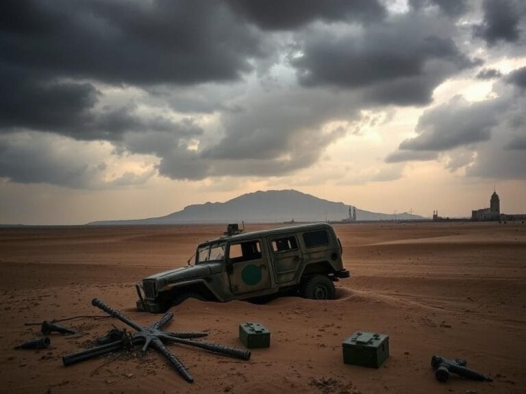Flick International Abandoned military vehicle in an arid Middle Eastern landscape symbolizing conflict.