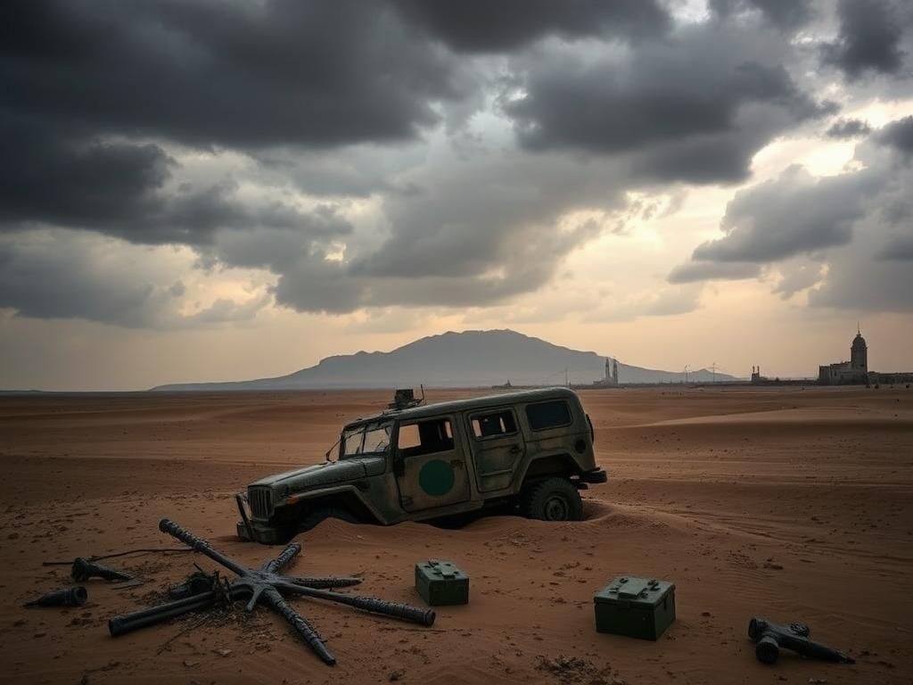 Flick International Abandoned military vehicle in an arid Middle Eastern landscape symbolizing conflict.