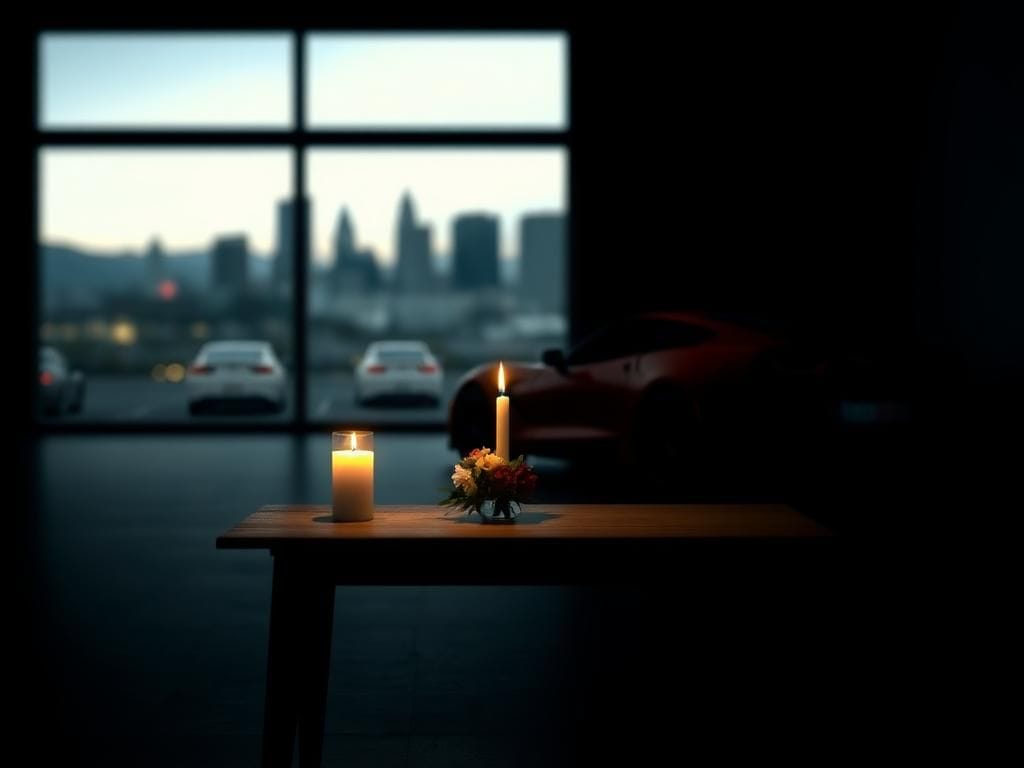 Flick International A somber scene with a candle and flowers symbolizing reflection and remorse for Tina Tintor's tragedy