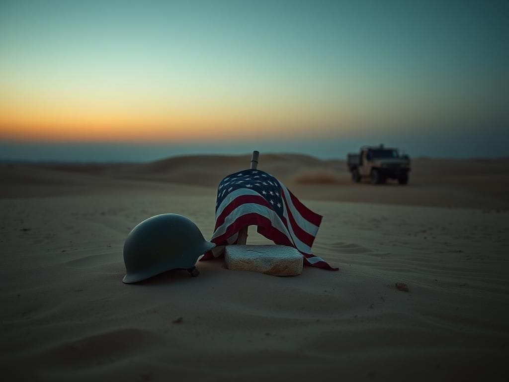 Flick International Army green helmet beside a weathered American flag in a desert landscape