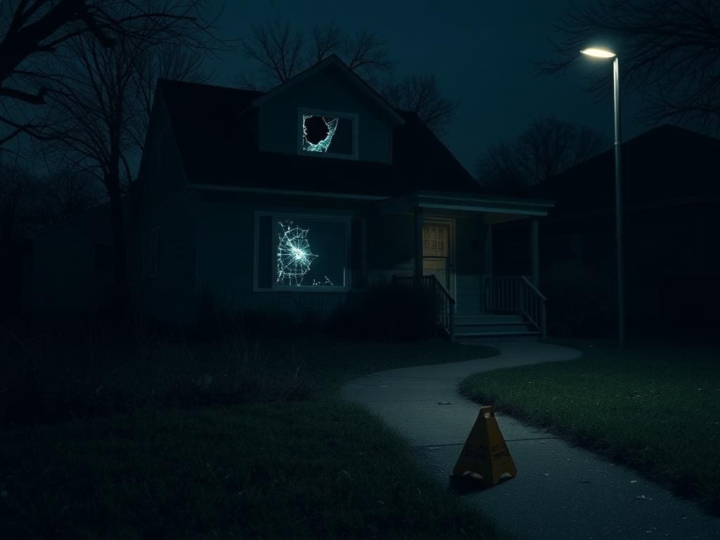 Flick International A dimly lit suburban house with a broken window after a recent break-in