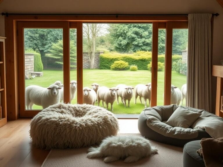 Flick International Cozy English countryside living room with sheep outside