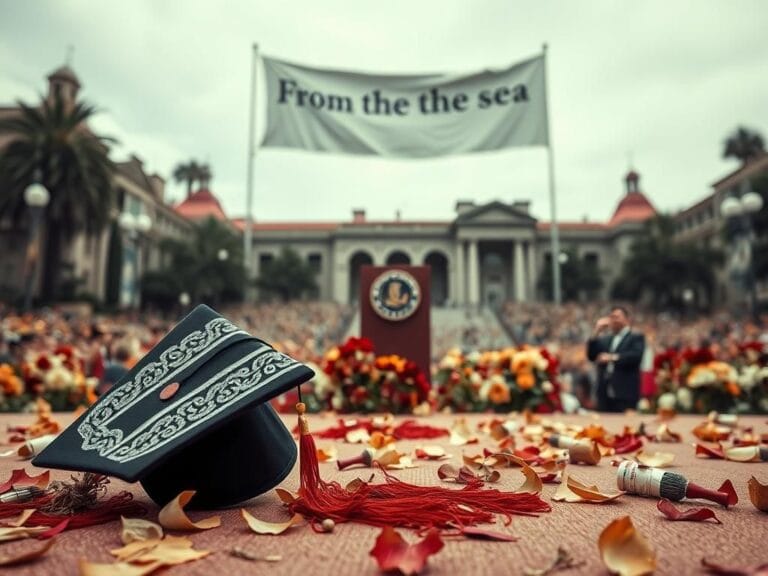Flick International Abandoned graduation cap on the ground near a podium draped with a keffiyeh, capturing a moment of disappointment at UCLA's commencement