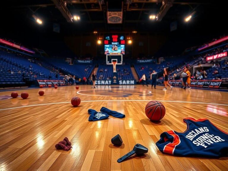 Flick International Dramatic basketball court scene depicting the aftermath of a thrilling game between the Indiana Fever and Connecticut Sun.