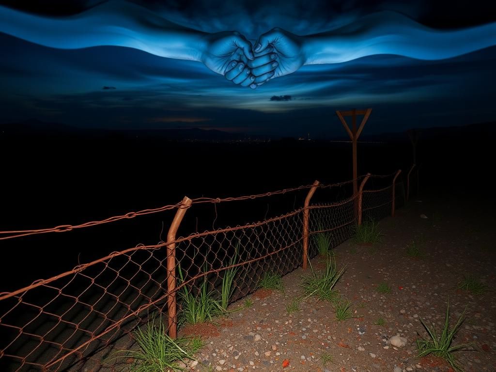 Flick International A broken chain-link fence along a rugged border landscape at dusk, symbolizing vulnerabilities in U.S. border security.