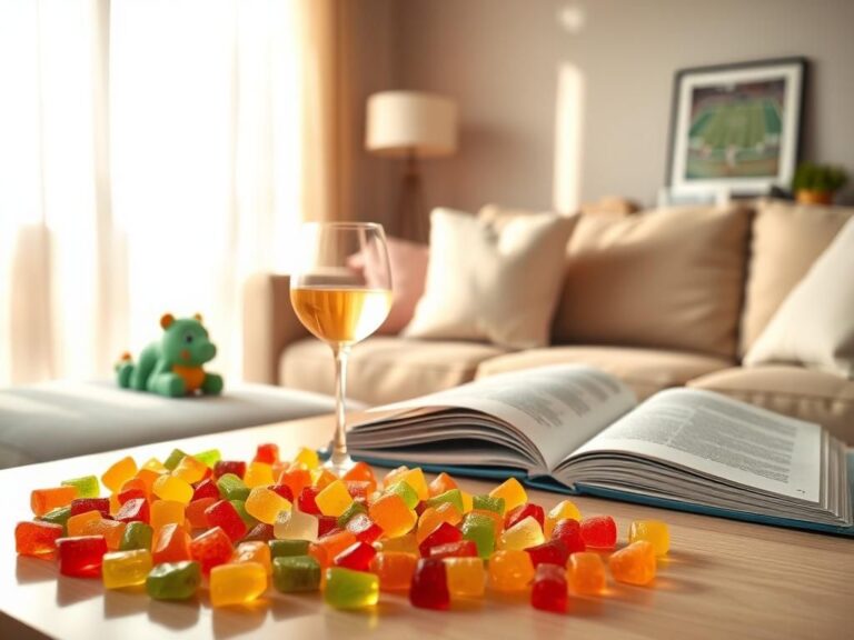 Flick International Cozy living room with gummy candies and parenting book