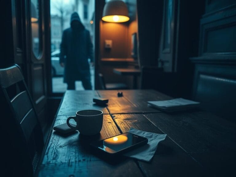 Flick International A dimly lit cafe scene with an abandoned smartphone on a rustic wooden table, suggesting a recent robbery